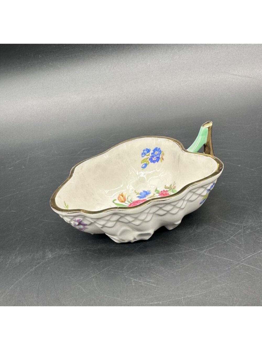 Vintage Floral Trinket Dish Mint Green Gold Trim Leaf Shaped Hand Painted Flower